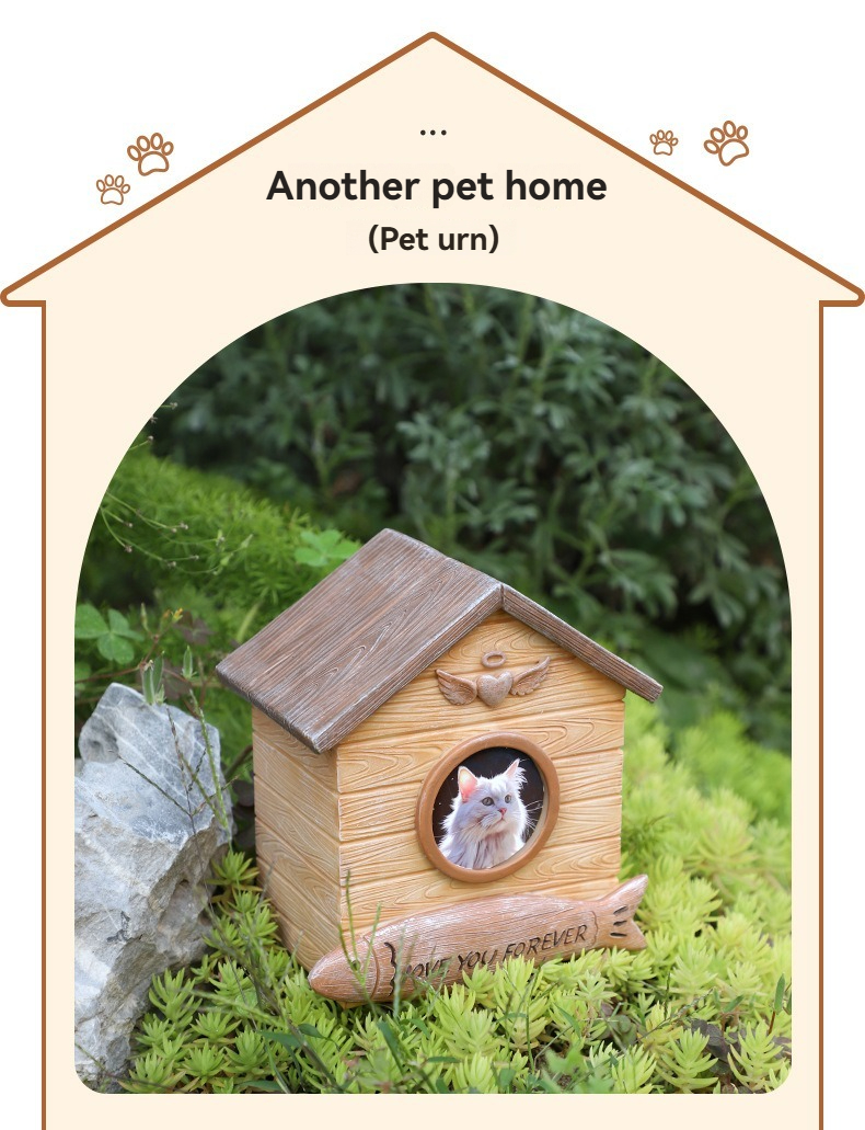 House Shaped Resin Pet Urn With Photo Frame, Wooden Look Dog Cat Ashes Memorial Funeral Box