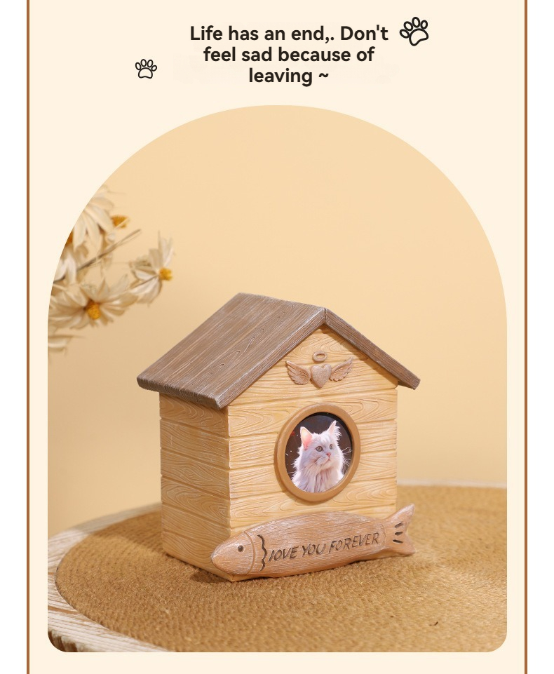 House Shaped Resin Pet Urn With Photo Frame, Wooden Look Dog Cat Ashes Memorial Funeral Box