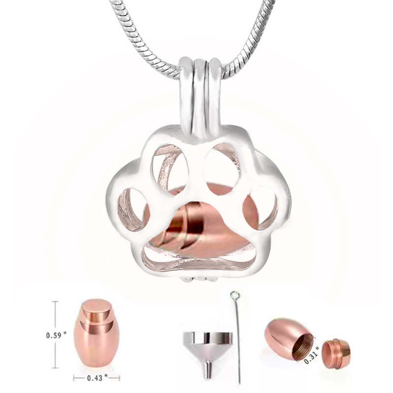 Stainless Steel Hollow Paw Urn Necklace Pet Ashes & Fur Memorial Jewelry