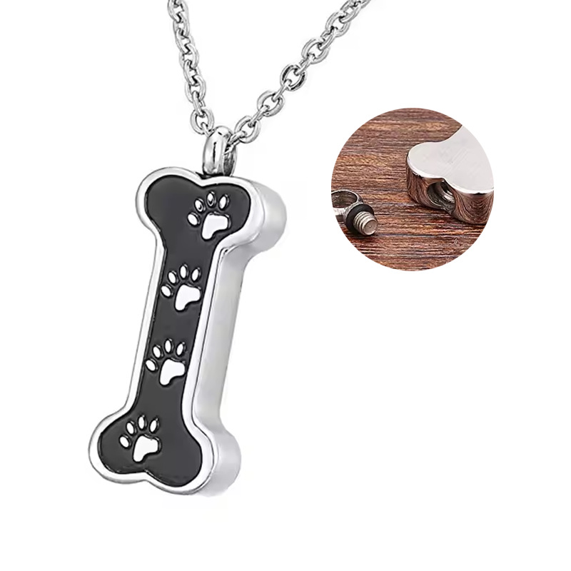Stainless Steel Paw Print Bone Urn Pendant Openable Pet Ashes Memorial Keepsake