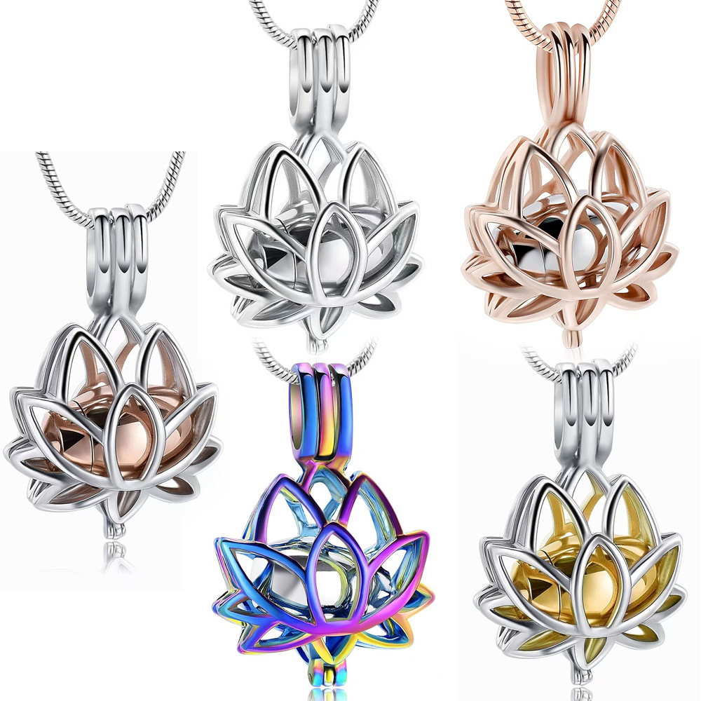 Lotus Stainless Steel Urn Pendant Pet Hair Ashes Memorial Necklace