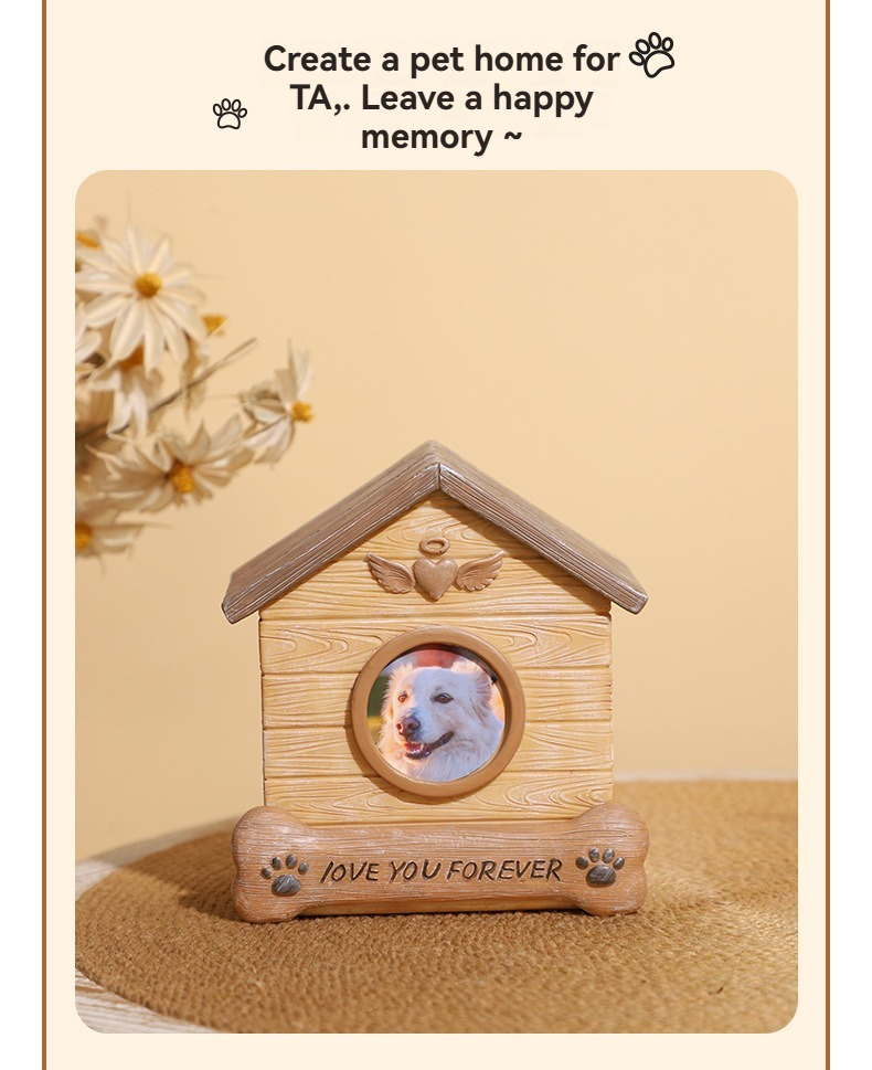 House Shaped Resin Pet Urn With Photo Frame, Wooden Look Dog Cat Ashes Memorial Funeral Box