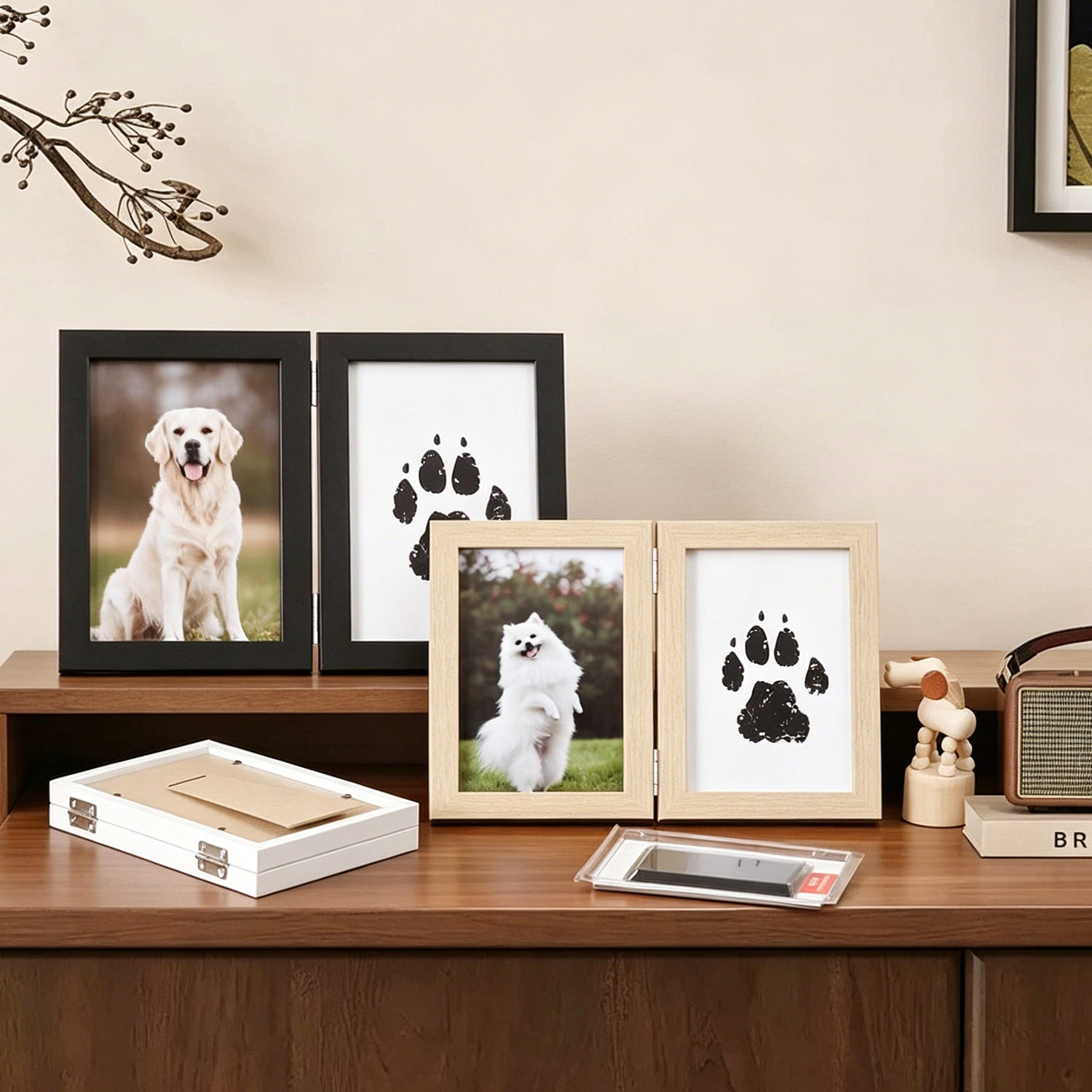 Wooden Baby Hand Foot Print Frame 6/7 Inch DIY Keepsake Photo Frame with Ink Pad