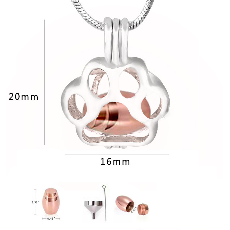 Stainless Steel Hollow Paw Urn Necklace Pet Ashes & Fur Memorial Jewelry