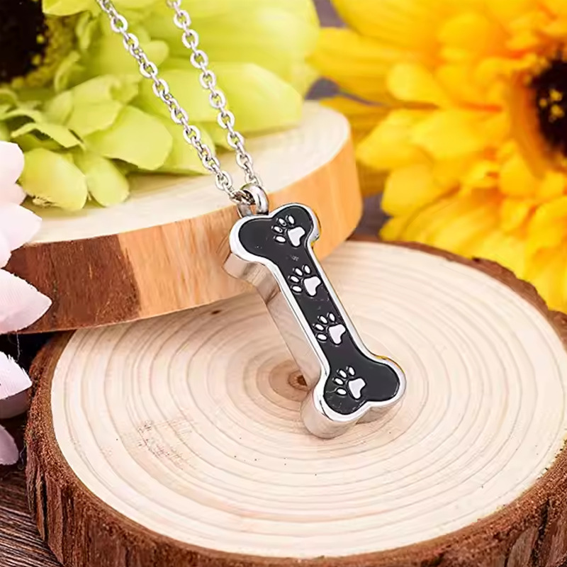 Stainless Steel Paw Print Bone Urn Pendant Openable Pet Ashes Memorial Keepsake