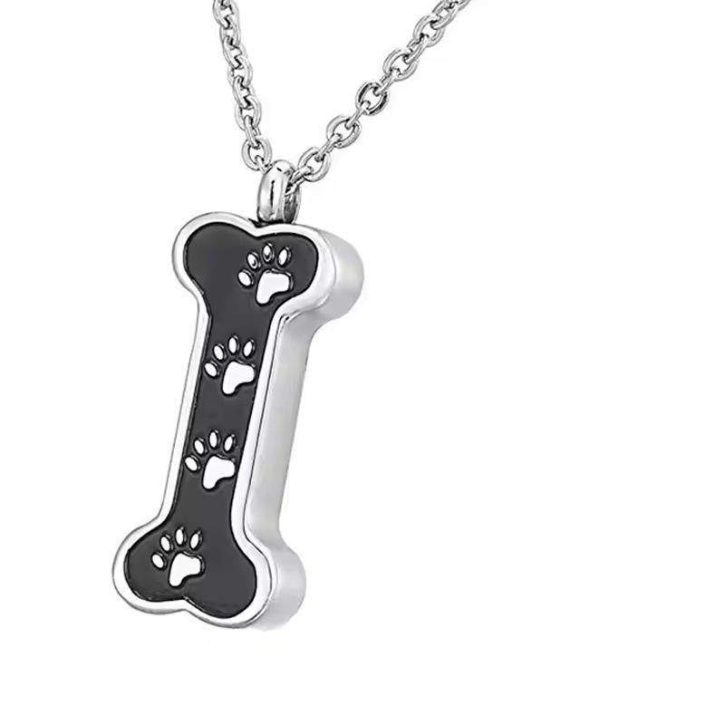 Stainless Steel Paw Print Bone Urn Pendant Openable Pet Ashes Memorial Keepsake