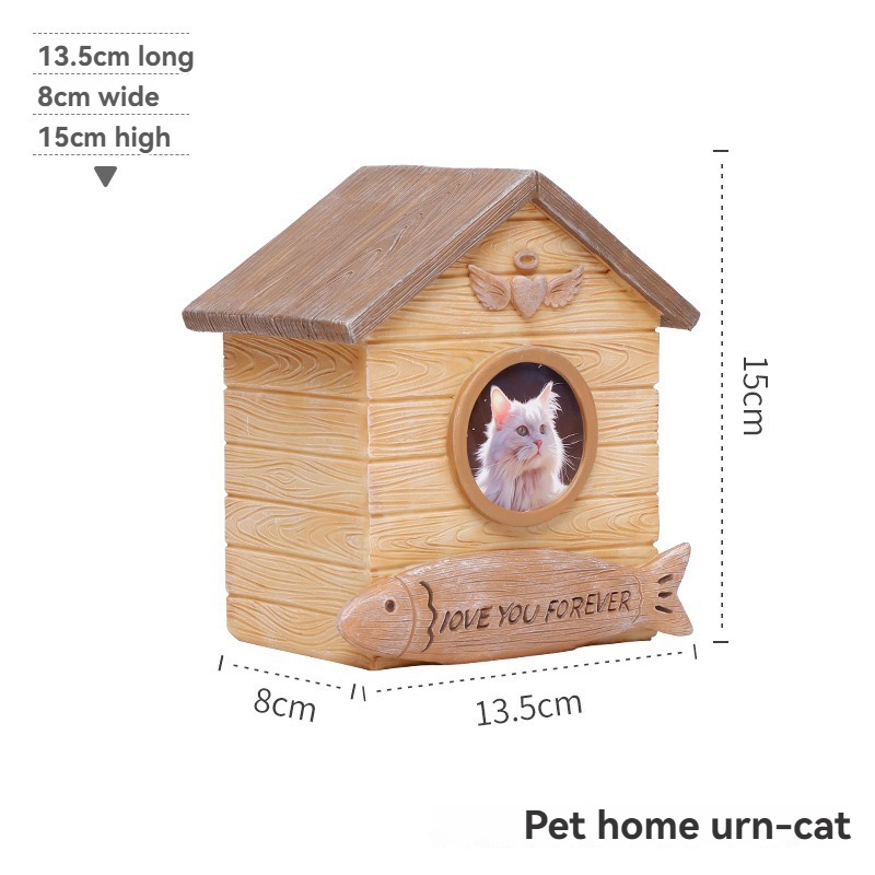 House Shaped Resin Pet Urn With Photo Frame, Wooden Look Dog Cat Ashes Memorial Funeral Box