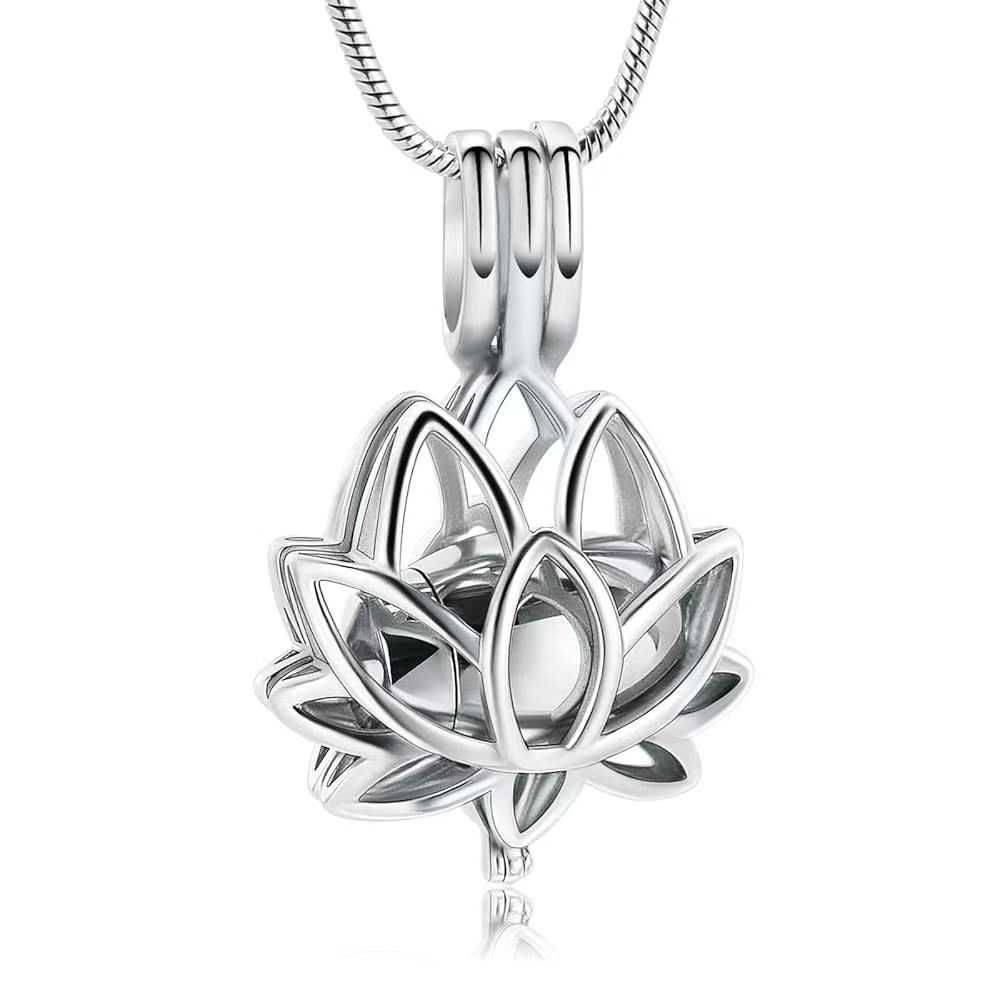 Lotus Stainless Steel Urn Pendant Pet Hair Ashes Memorial Necklace