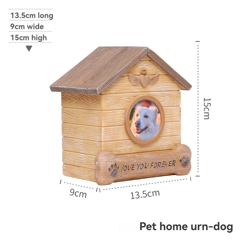 House Shaped Resin Pet Urn With Photo Frame, Wooden Look Dog Cat Ashes Memorial Funeral Box