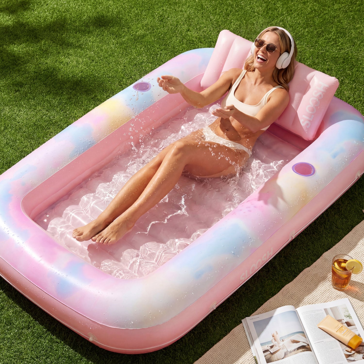 Inflatable sunbathing pool lounger, purple chasing flower pattern, 70 inches x 46 inches
