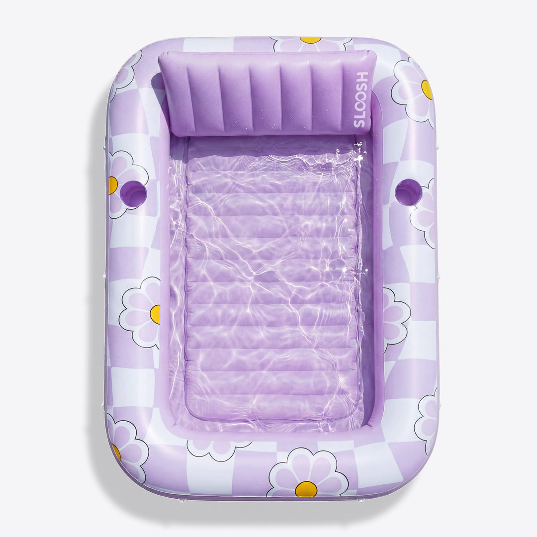 Inflatable sunbathing pool lounger, purple chasing flower pattern, 70 inches x 46 inches