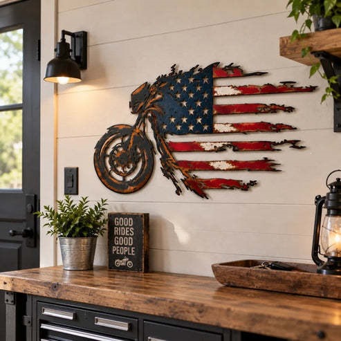 🔥 Motorcycle Flag Wall Art – Freedom on Two Wheels