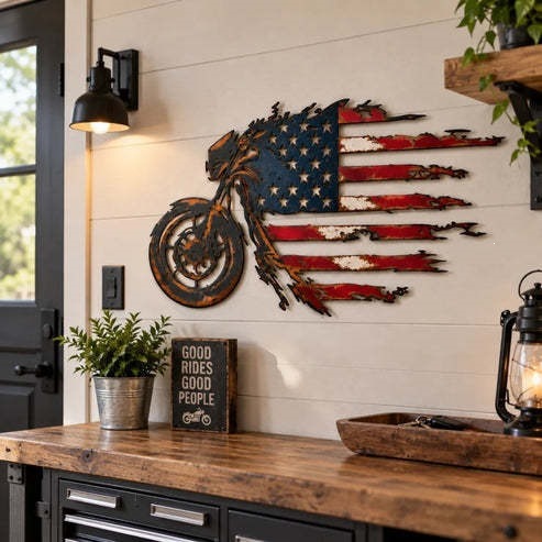 🔥 Motorcycle Flag Wall Art – Freedom on Two Wheels