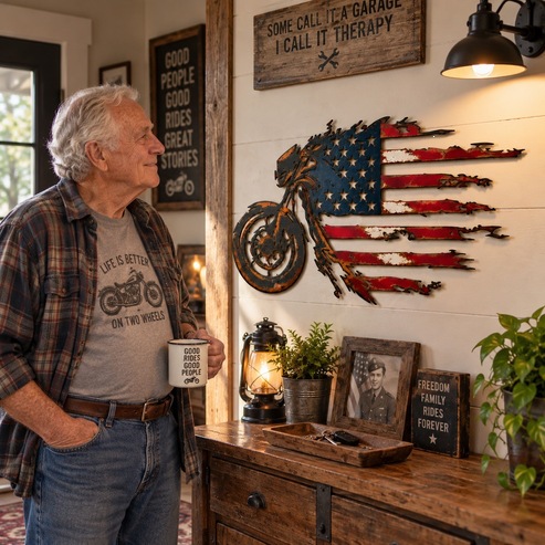 🔥 Motorcycle Flag Wall Art – Freedom on Two Wheels