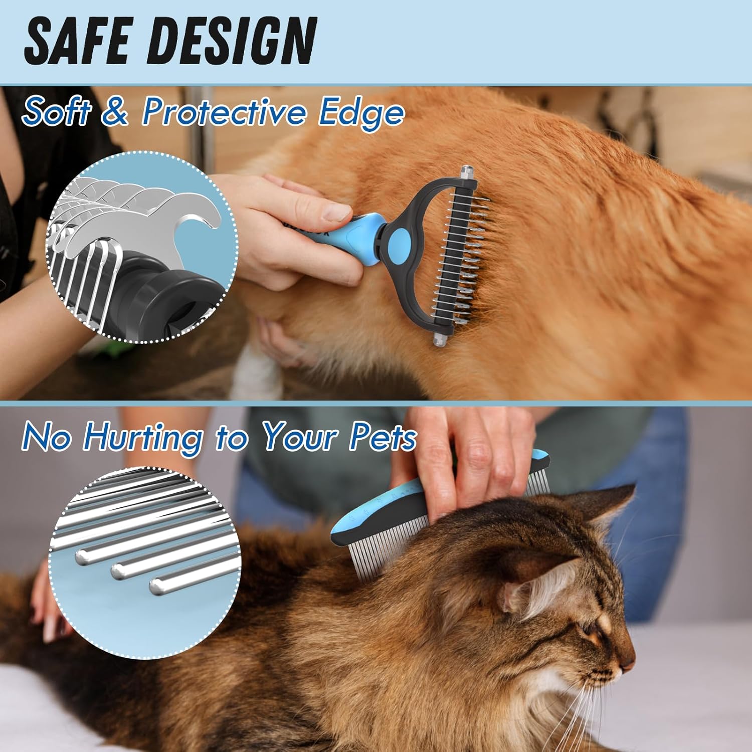 Pet Grooming Combo - Blue Shedding Brush with Metal Comb for Detangling and Removing Long, Matted Hair from Cats and Dogs