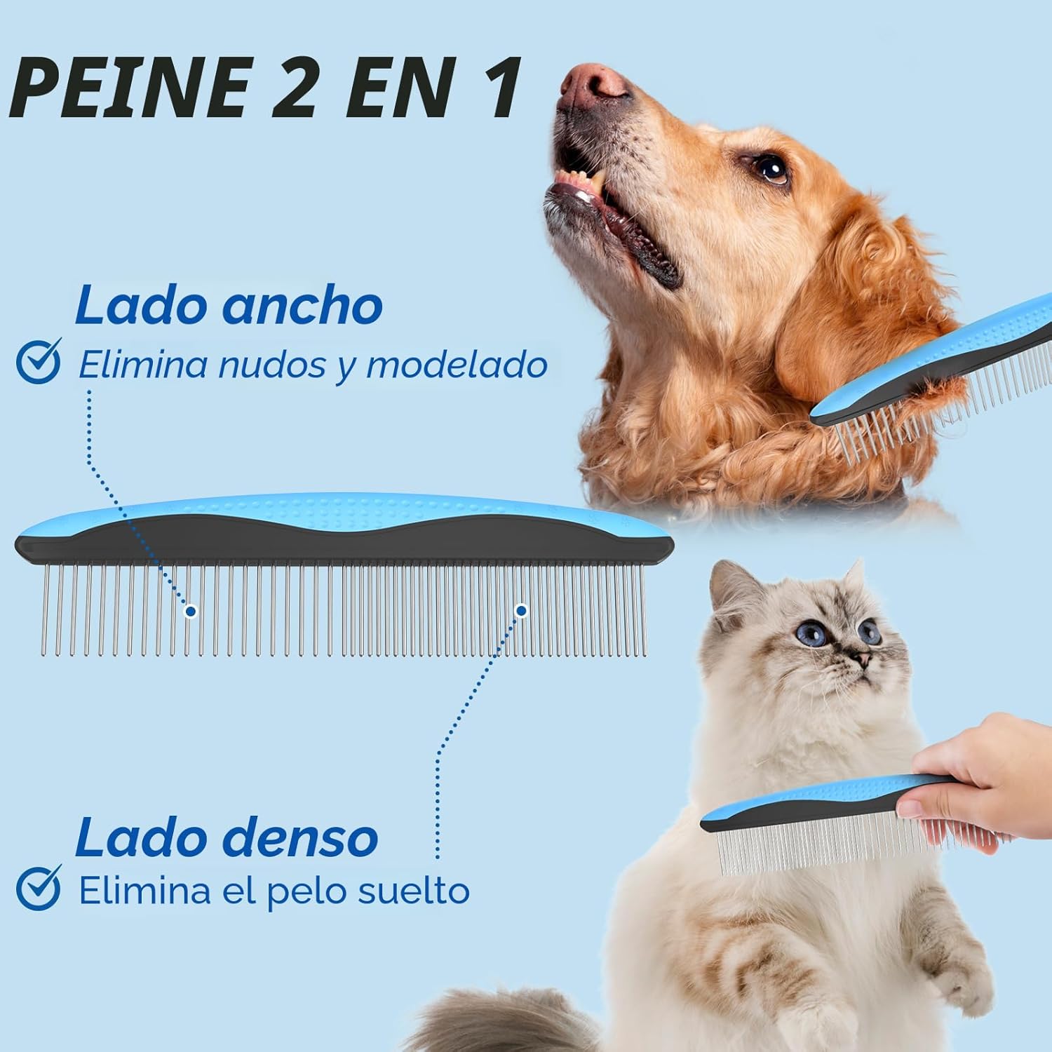 Pet Grooming Combo - Blue Shedding Brush with Metal Comb for Detangling and Removing Long, Matted Hair from Cats and Dogs