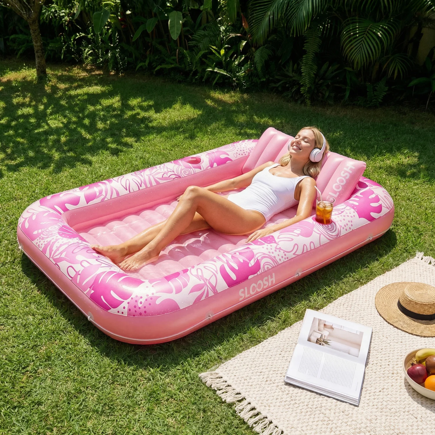 Inflatable sunbathing pool lounger, purple chasing flower pattern, 70 inches x 46 inches