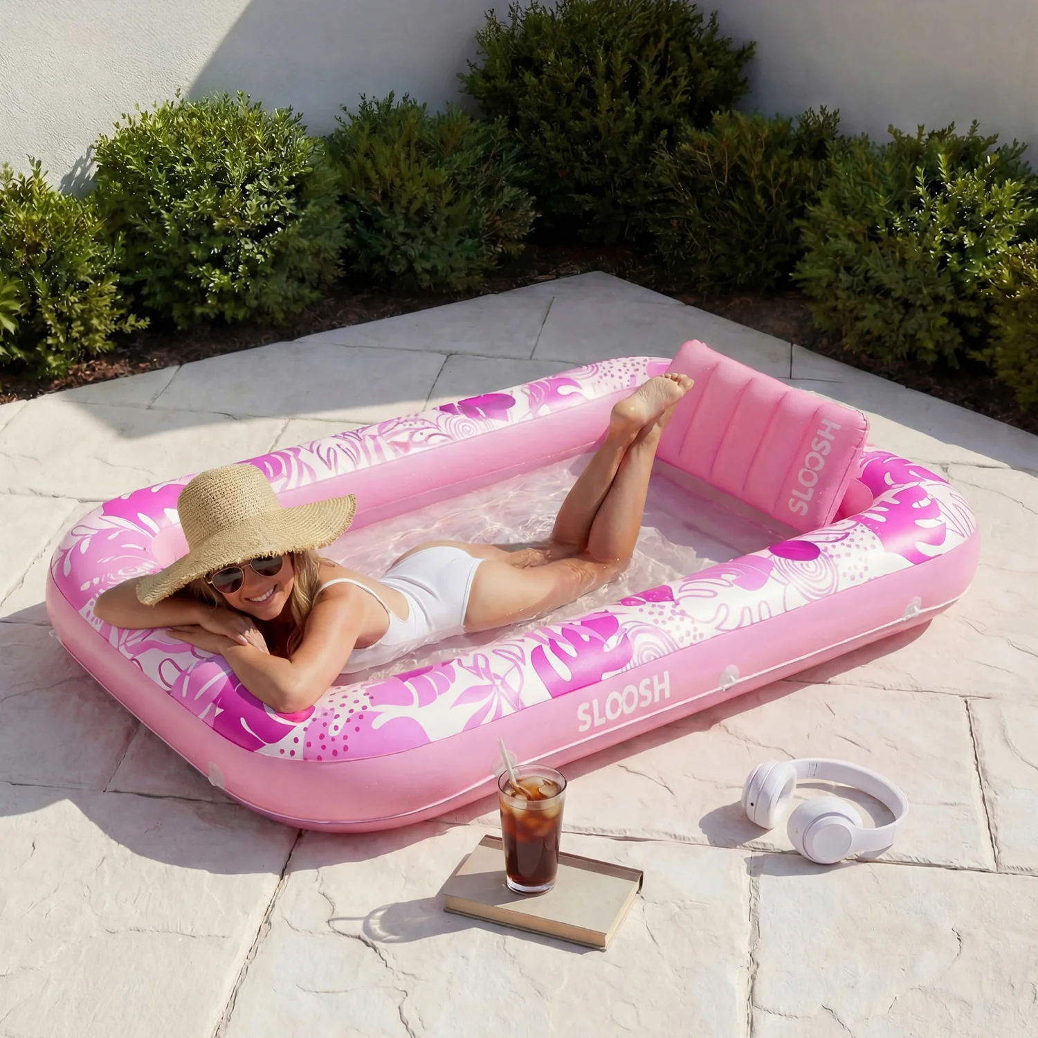 Inflatable sunbathing pool lounger, purple chasing flower pattern, 70 inches x 46 inches