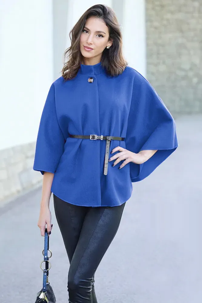 Women's Winter Fashion Casual Solid Color Waist Strap Woolen Cloak Jacket