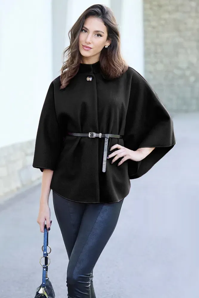Women's Winter Fashion Casual Solid Color Waist Strap Woolen Cloak Jacket