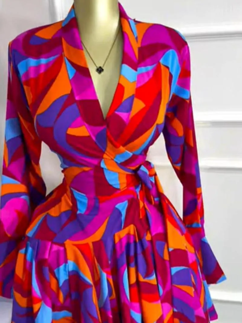 PULKRITU Women's Tie-Dye Print Flare Long Sleeve Dress, V-Neck Bow Hem, Fall Winter Wear, Elegant Vacation Party Birthday Dress