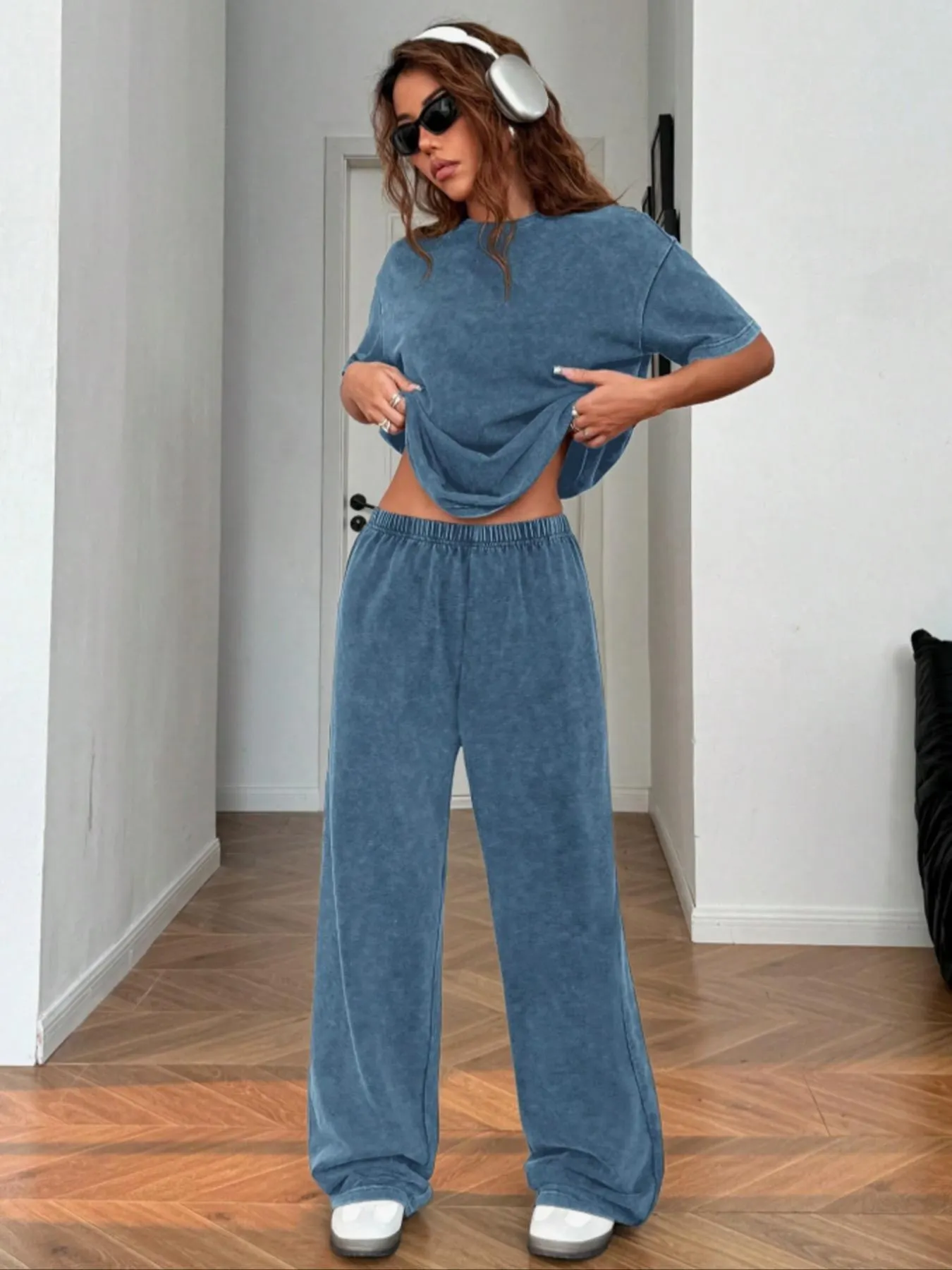 Women's Casual Loose Fit Acid Washed Cotton Short Sleeve T-Shirt and Long Pants Two-Piece Set, All Seasons, Plain Style