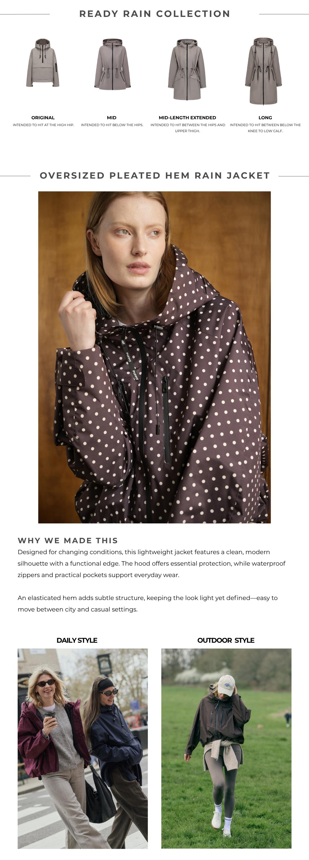 【Restocked】PUFFIT STM-TEX Short One-Size Rain Jacket With Pleated Hem,Hooded Jacket,Waterproof Jacket,Women Jacket,Wide-Brim Hood,Adjustable Cuffs,Zips,Outdoor Sport,Jacket,Statements,Windbreaker,Spring,Dog Walking,School Running,Football Mum,Stylish