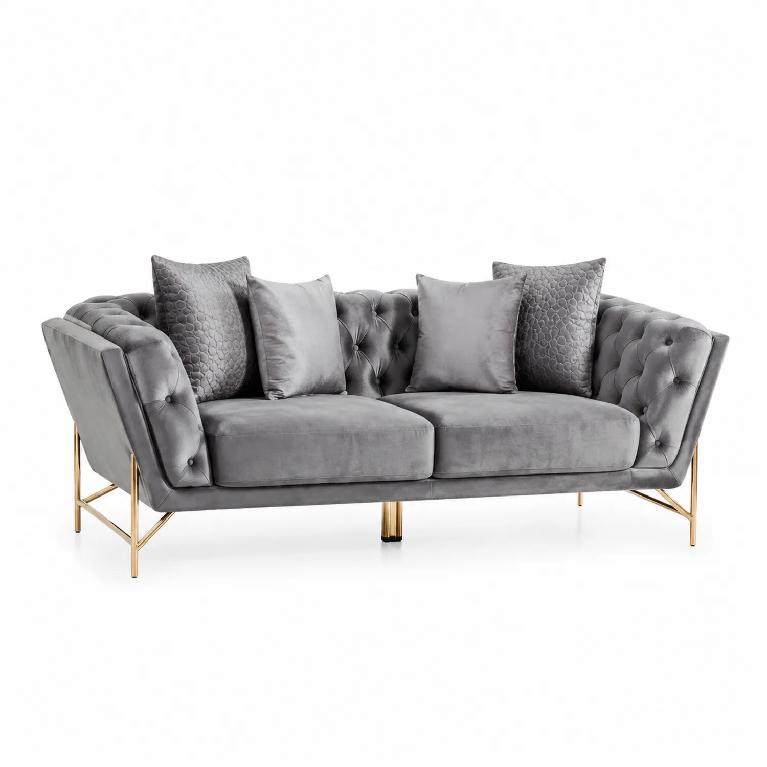 Sofa szara aksamitna z metalowymi złotymi nogami