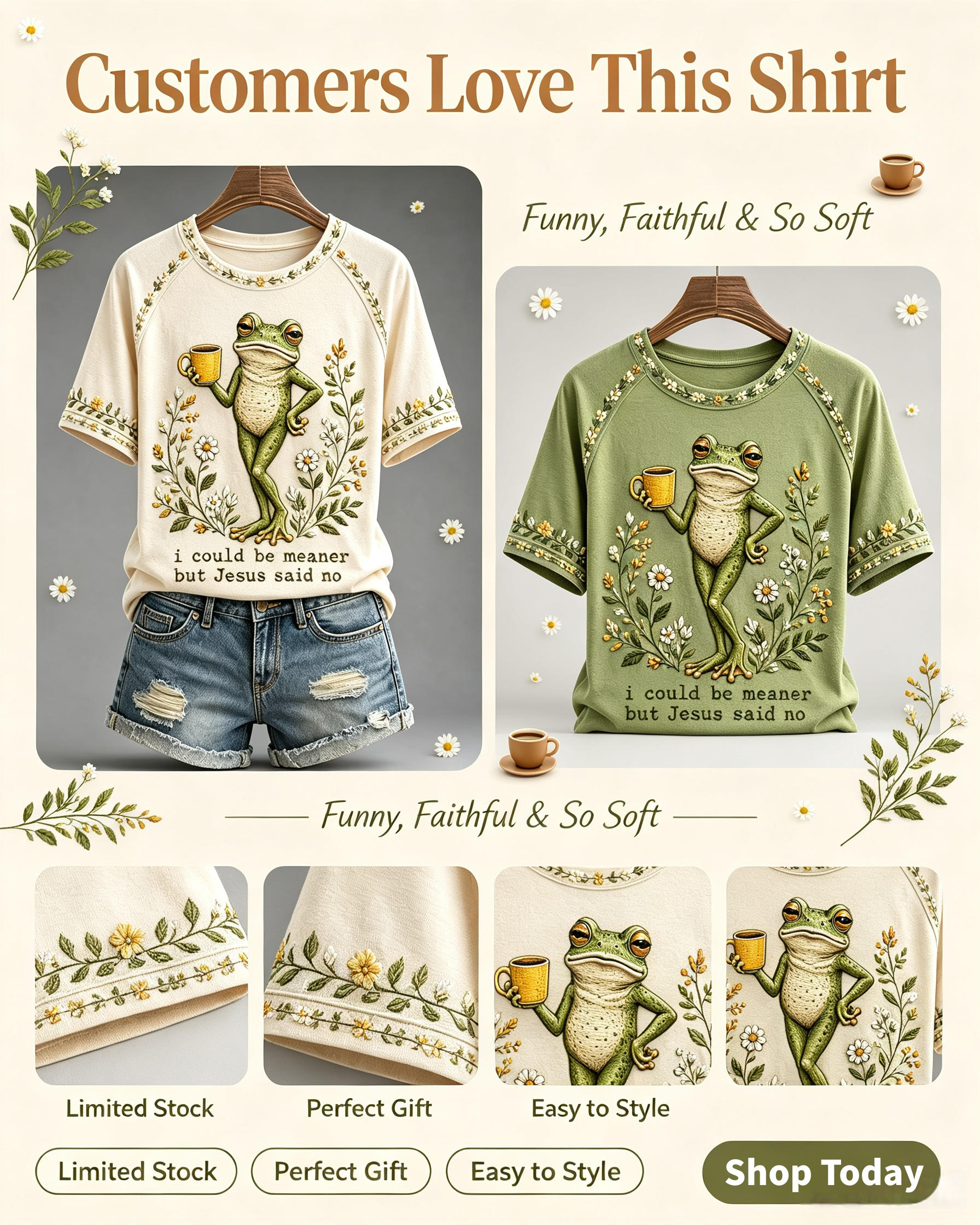 🐸Women's I Could Be Meaner But Jesus Said No Printing T-Shirts
