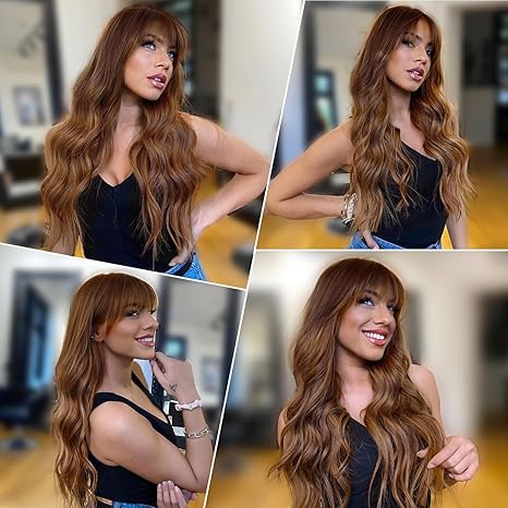 Ginger Wig with Bangs for Women Long Wavy Culry Synthetic Realistic Wig for Daily Party Use 26 Inch