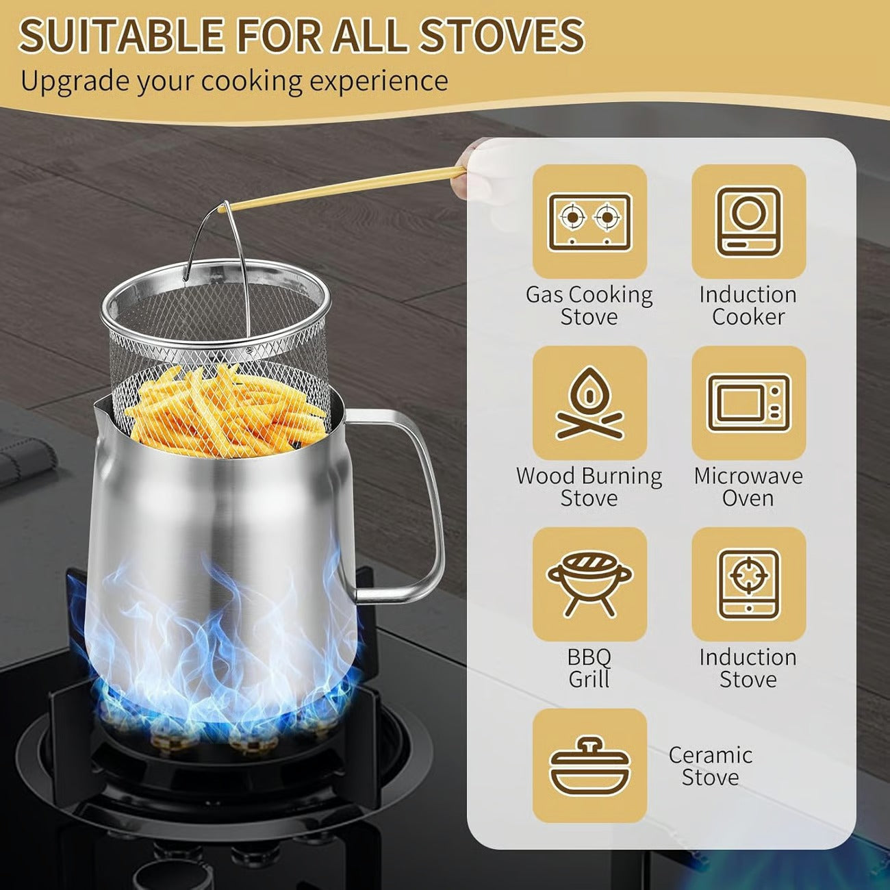 304 Stainless Steel Deep Fryer Pot Set for Kitchen, Frying, Cooking, Camping