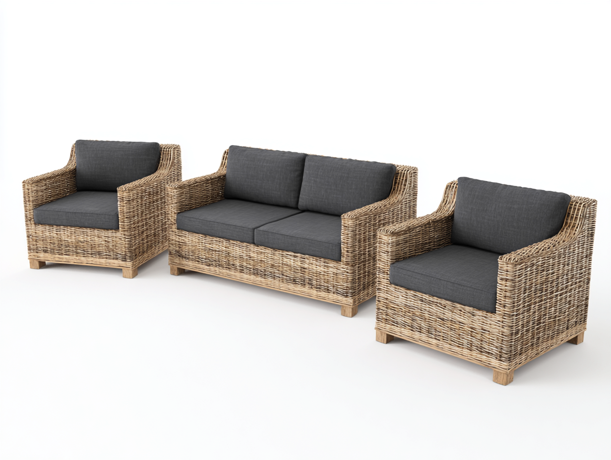 Sofás de exterior ratán 3 plazas con 2 sillones 180x80x75 cm - Marrón-Gris - Diseño natural-Ramisinest