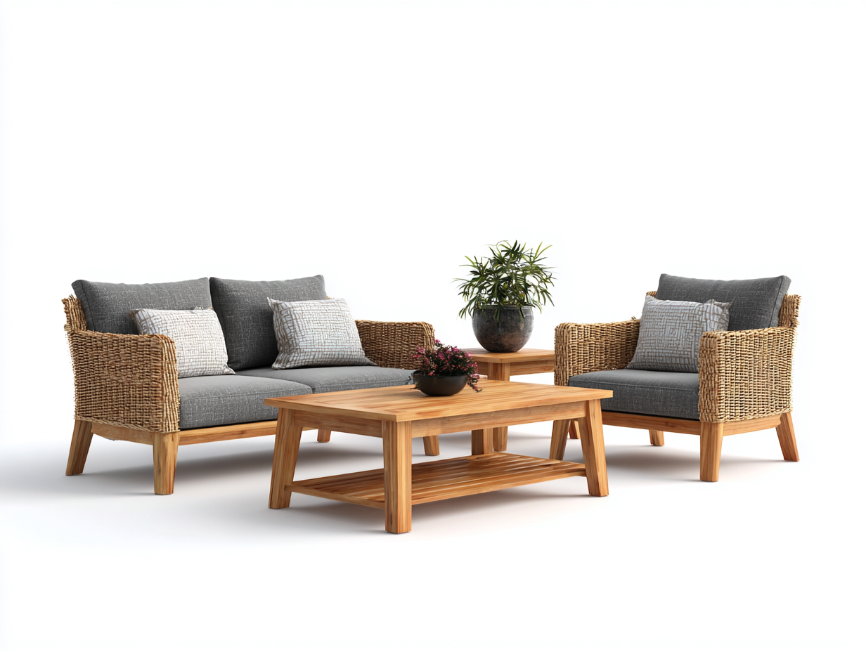 Sofás de exterior ratán madera 180x75x80 cm - marrón-gris - conjunto con mesa y sillones-Ramisinest