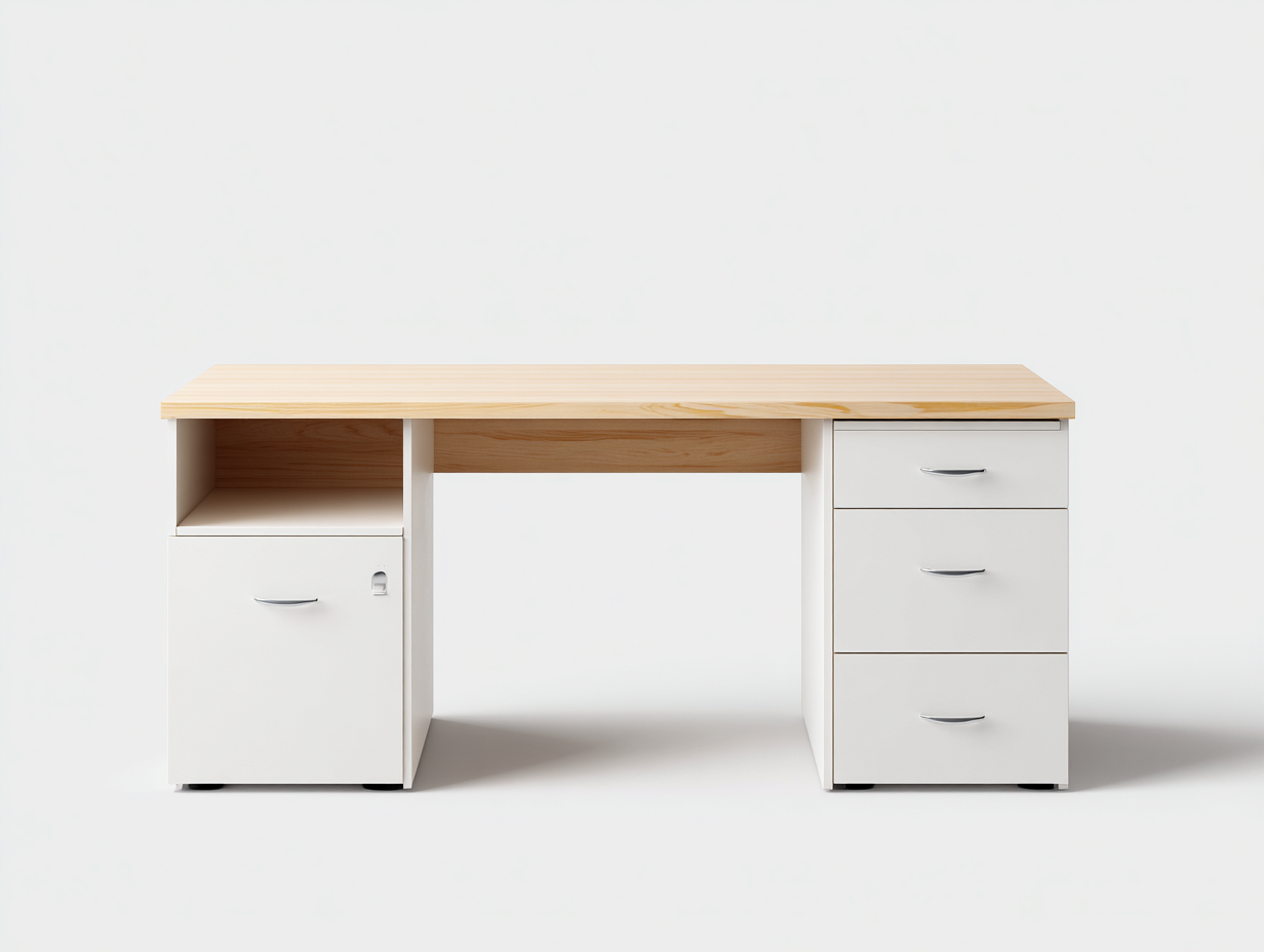 Escritorio 120x60x75 cm madera MDF blanco y marrón con 1 puerta y 3 cajones - diseño moderno-Ramisinest