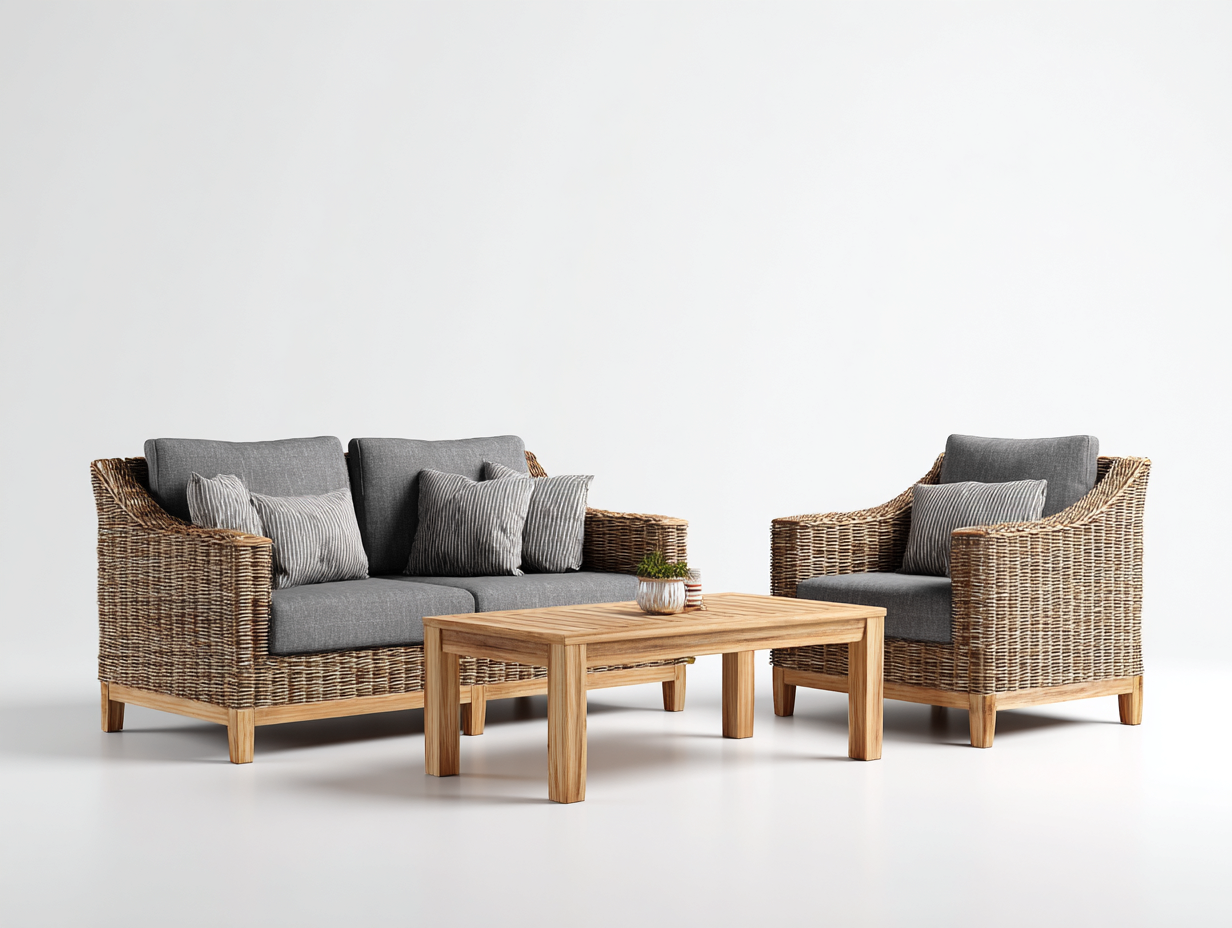 Sofás de exterior conjunto 3 piezas ratán natural marrón con cojines gris y mesa de centro madera - diseño moderno-Ramisinest