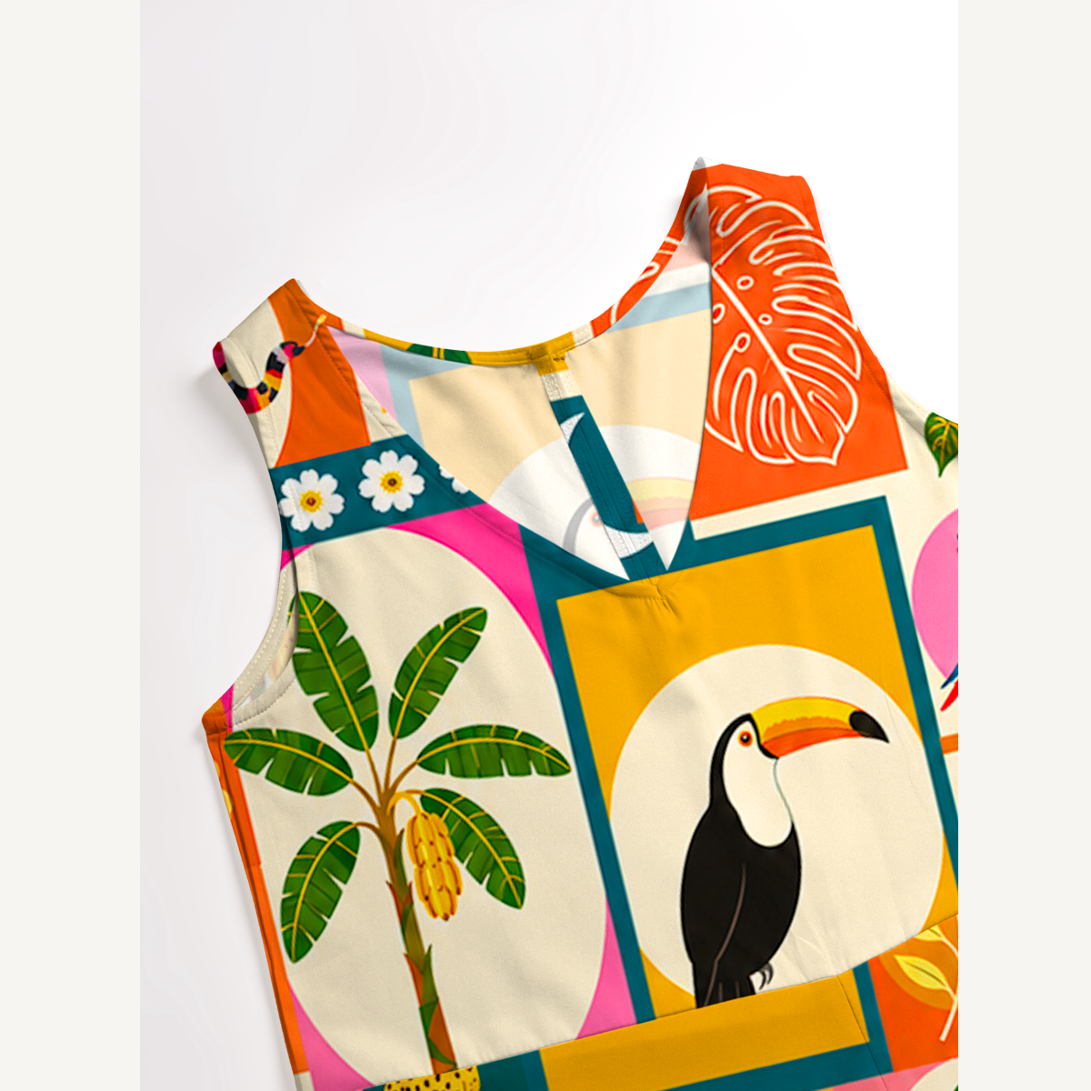 Tropical Patchwork Jumpsuit with Pockets for Women