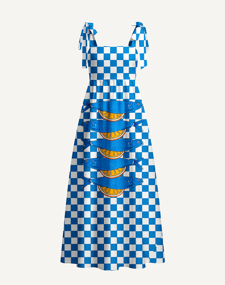 Blue Check Lemon Bow Strap Maxi Dress