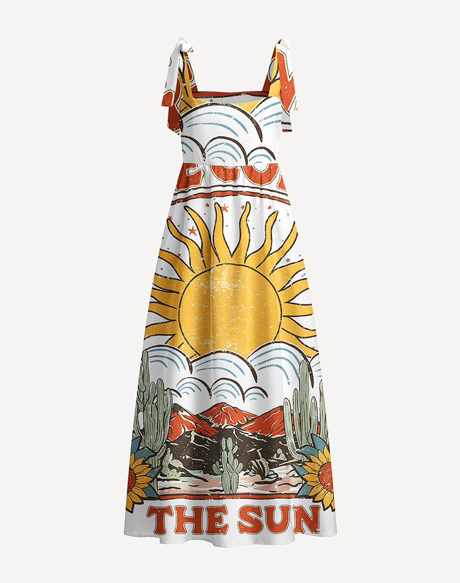 Western Sun & Cact Bow Strap Maxi Dress