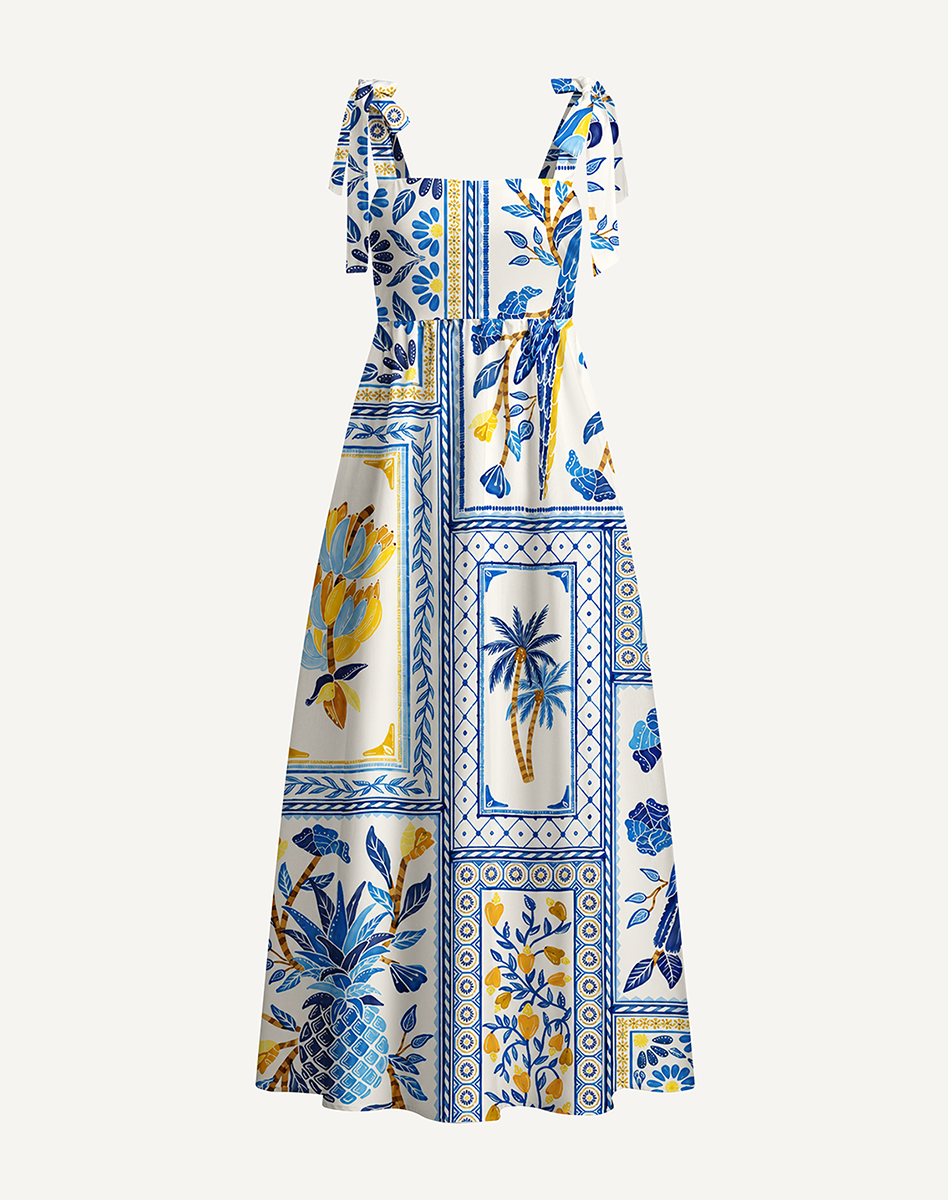 Blue Tropical Tile Bow Strap Maxi Dress