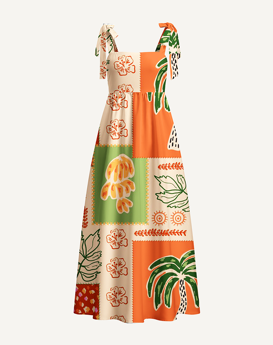 Boho Palm & Hibiscus Print Bow Strap Maxi Dress