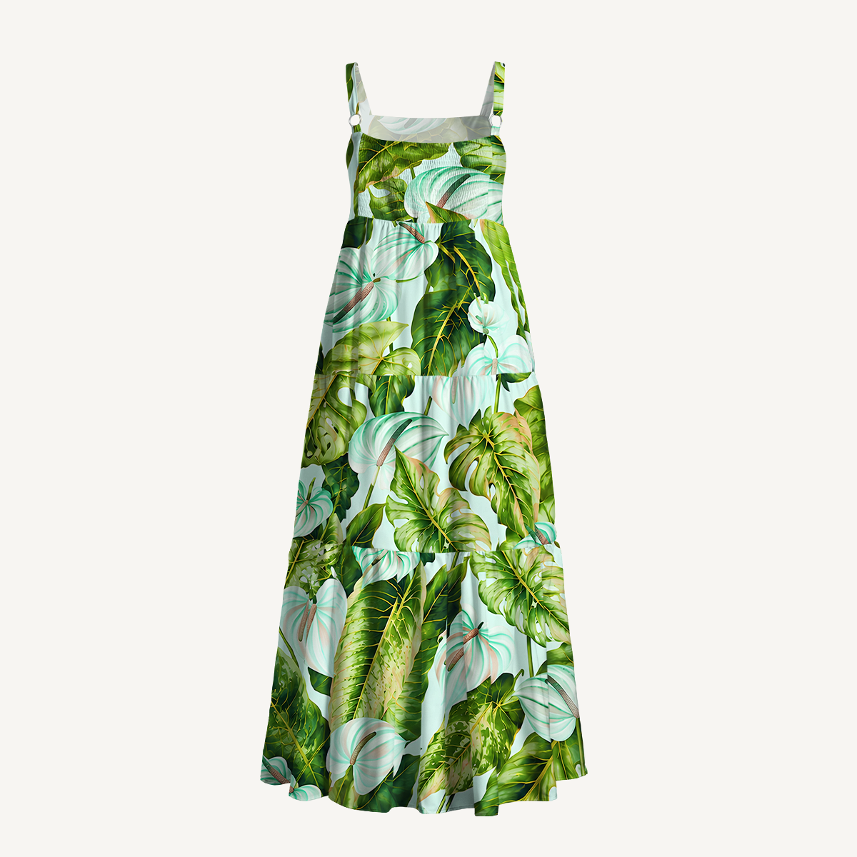 Tropical Rainforest Green Leaves Wide Straps Maxi Dress With Pockets