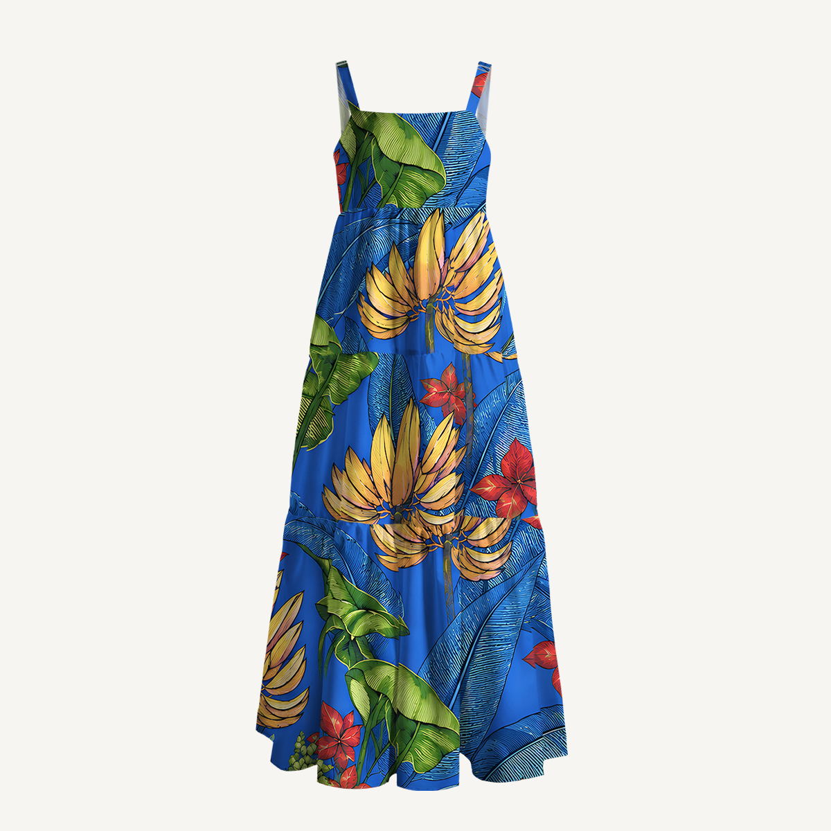 Tropical Bananas & Flowers on Blue Wide Straps Maxi Dress With Pockets