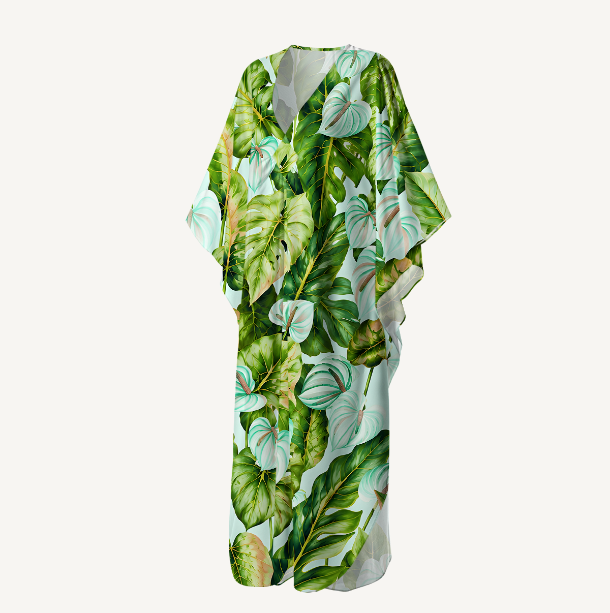 Tropical Rainforest Green Leaves Kimono Sleeve Kaftan Dress