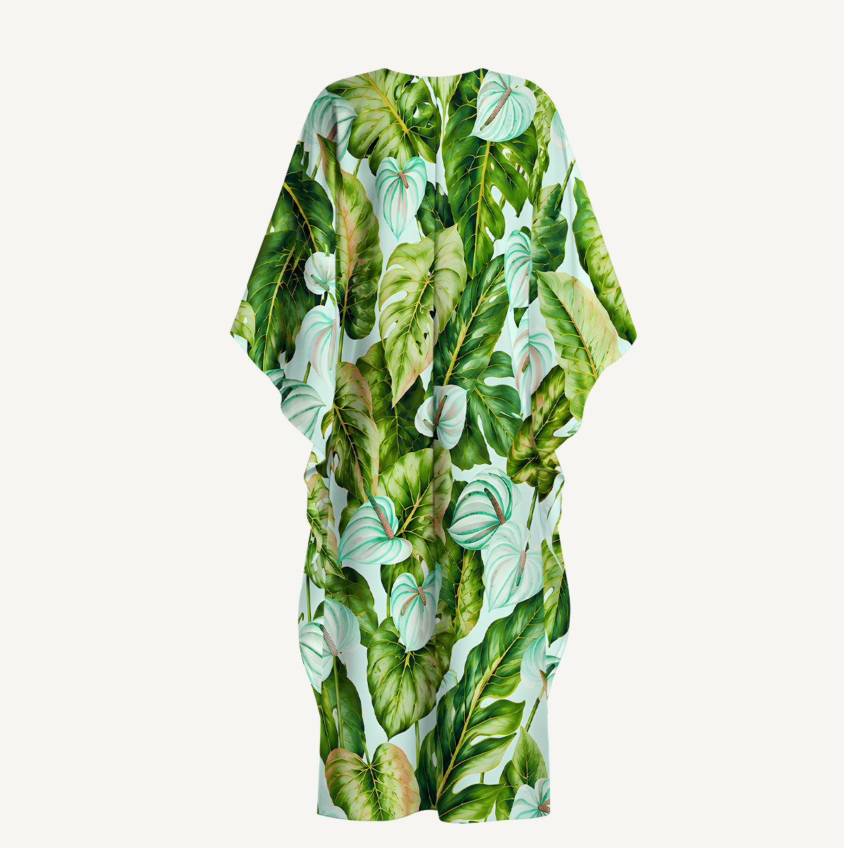 Tropical Rainforest Green Leaves Kimono Sleeve Kaftan Dress