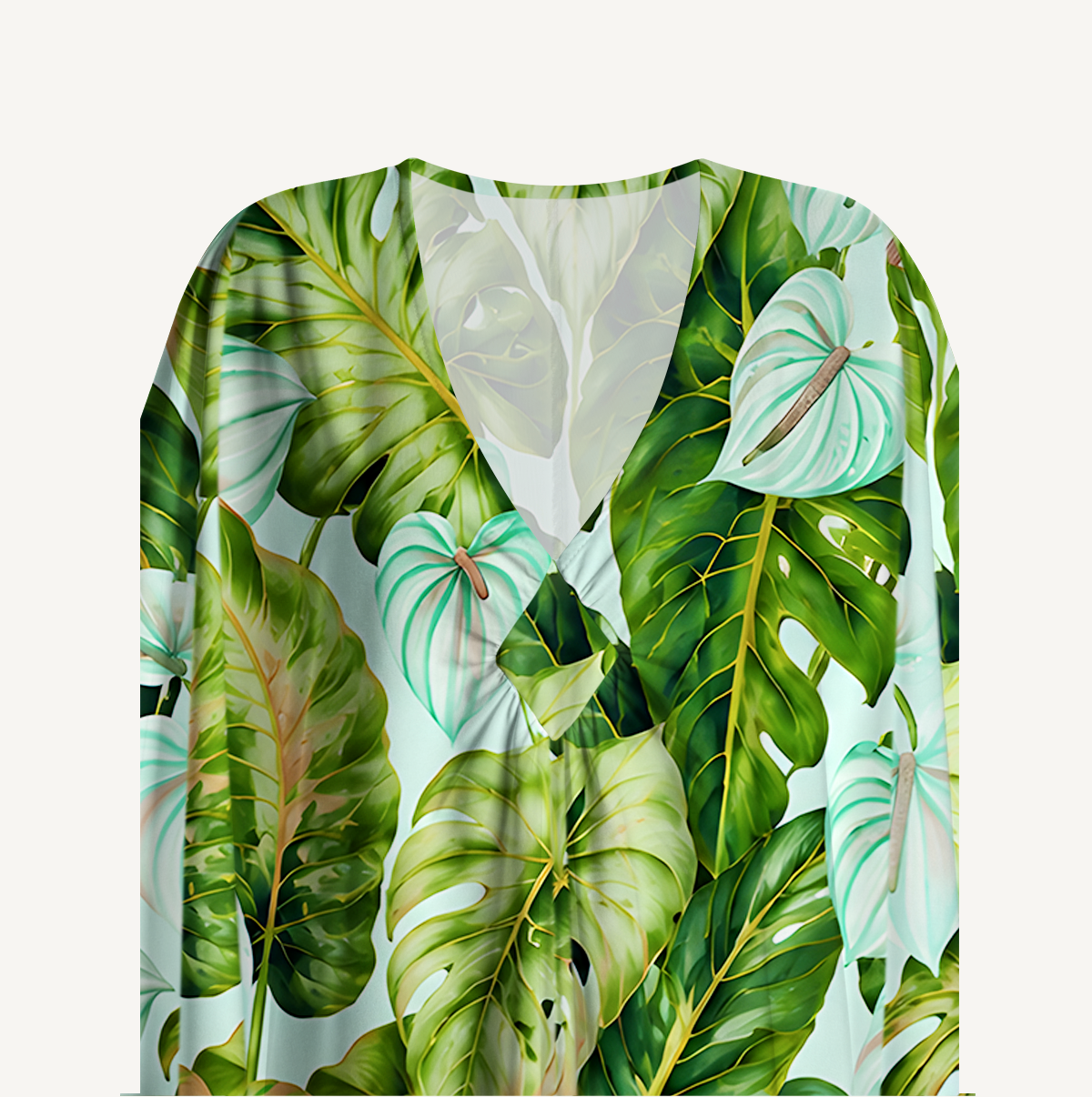 Tropical Rainforest Green Leaves Kimono Sleeve Kaftan Dress