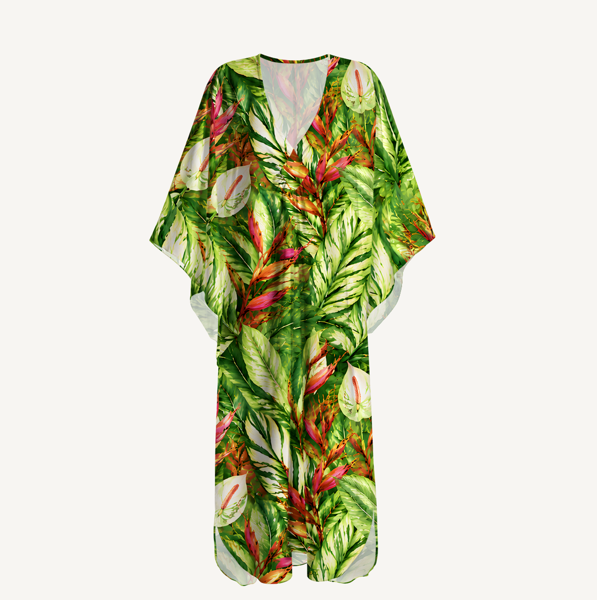 Tropical Flowers Kimono Sleeve Kaftan Dress