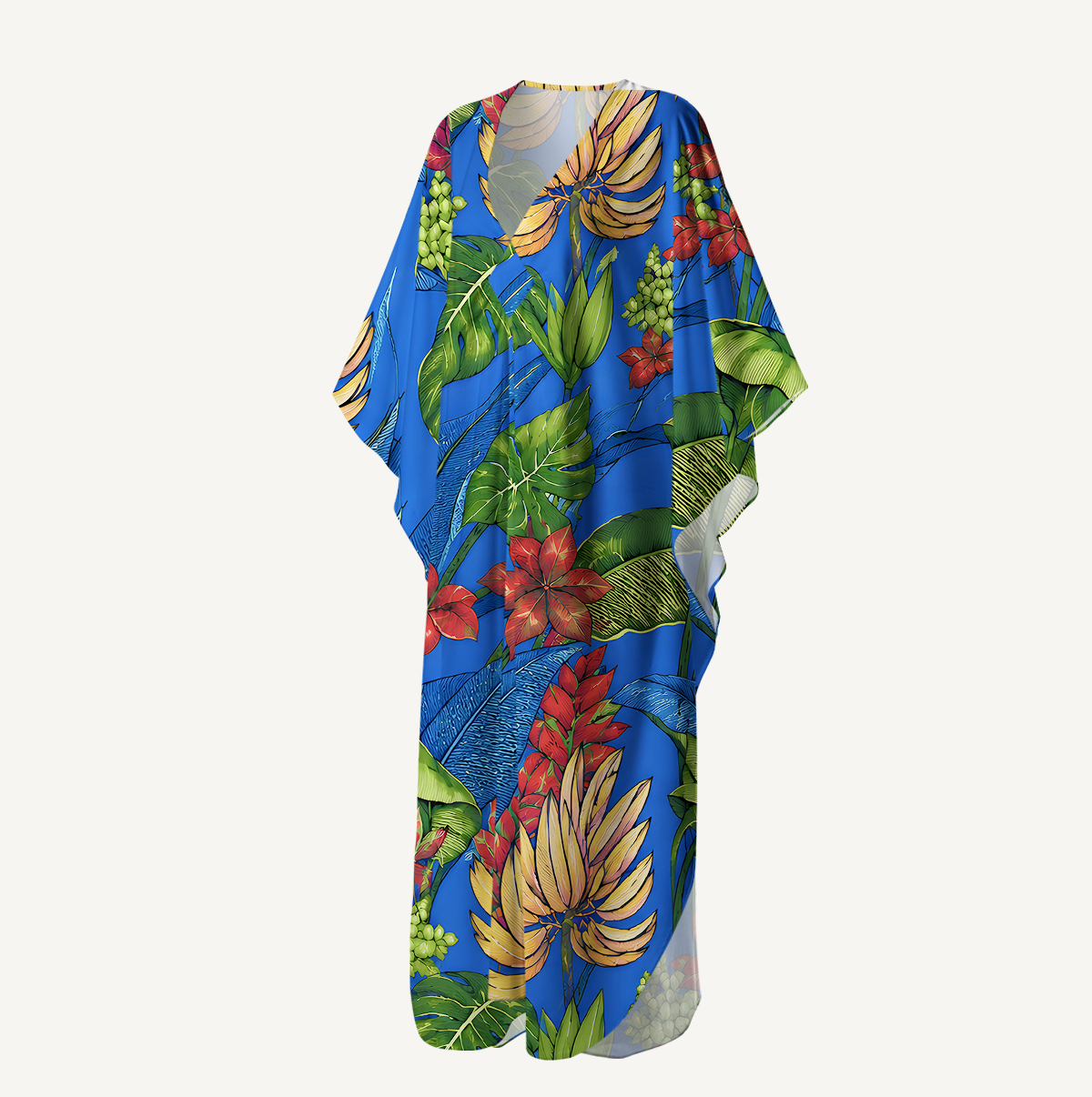 Tropical Bananas & Flowers on Blue Kimono Sleeve Kaftan Dress
