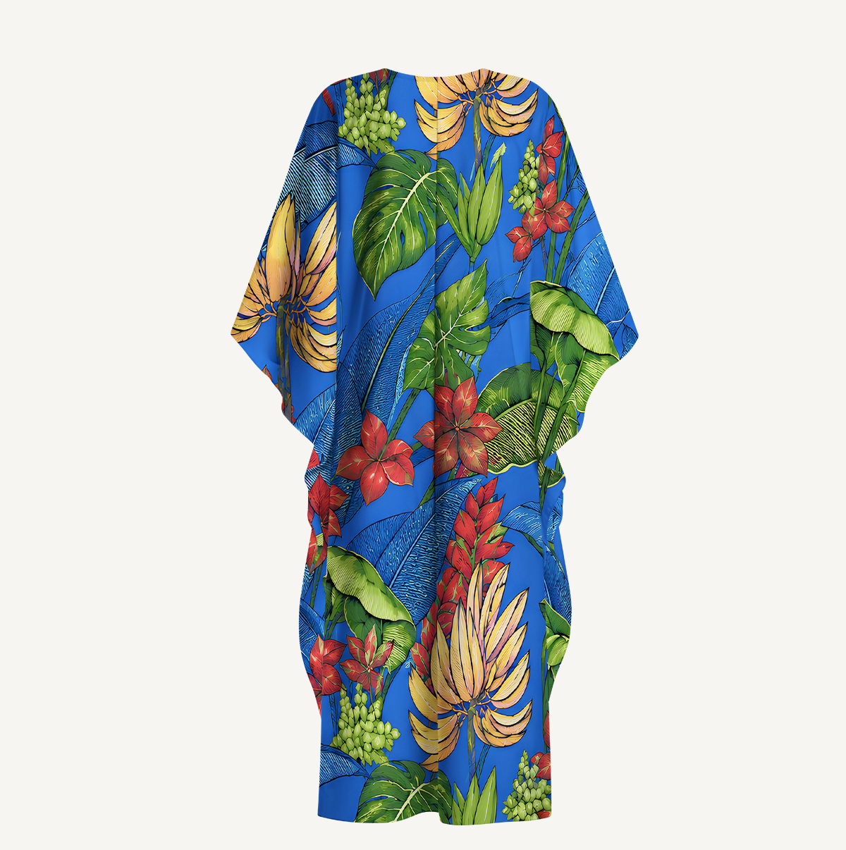 Tropical Bananas & Flowers on Blue Kimono Sleeve Kaftan Dress