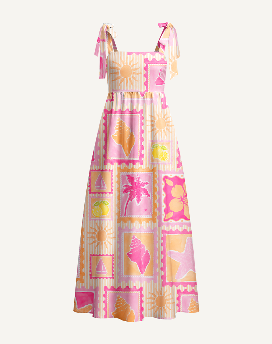 Coral Beach Postcard Bow Strap Maxi Dress