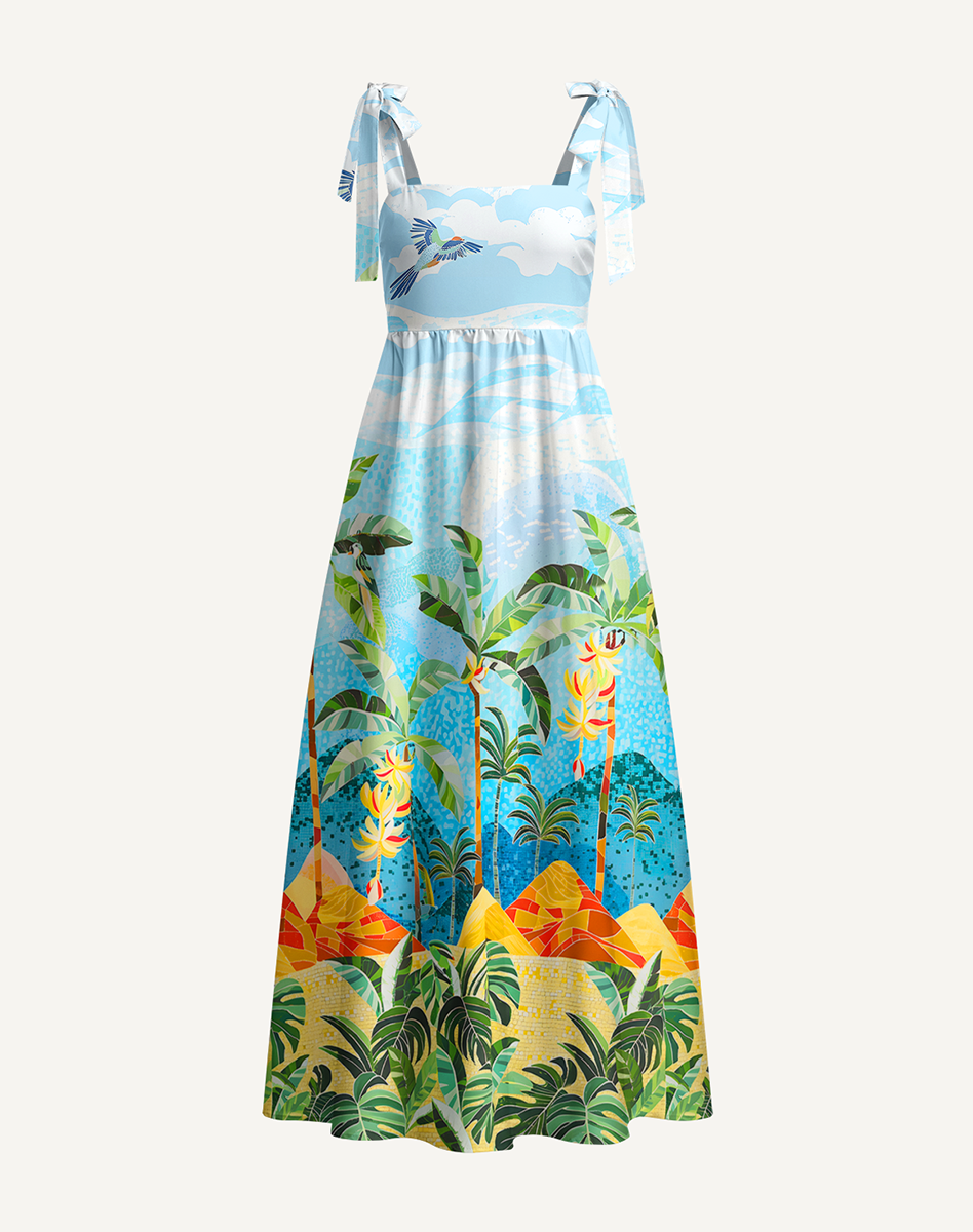 Rainforest Palm Tree Bow Strap Maxi Dress